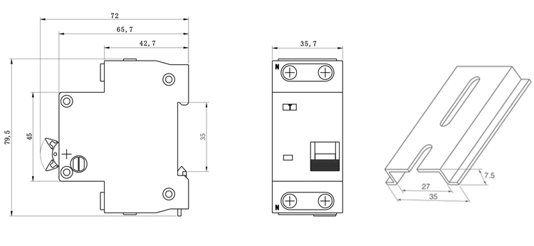 TOB10-63 6-63A 10mA 30mA 100mA Residual Current Circuit Breaker with Overcurrent Protection RCBO demension