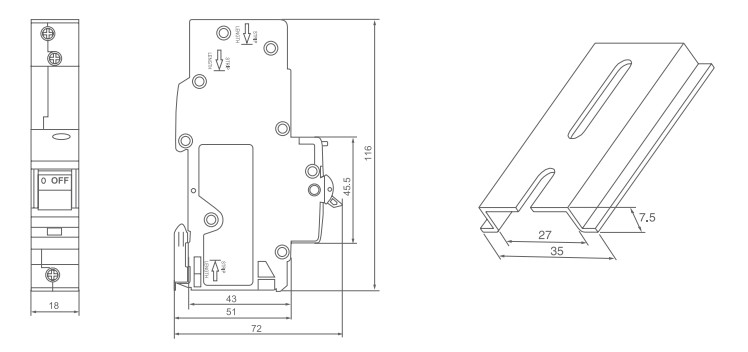 TOBH1-32 1P+N RCBO installation dimension size